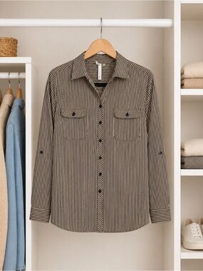 New Collection Petite Striped Button Down Shirt Black & Beige Size PL